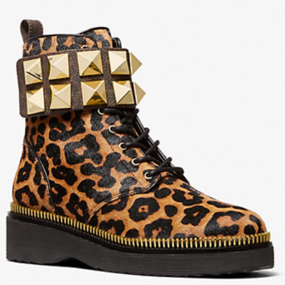 MICHAEL KORS Haskell Studded Printed Calf Hair Combat Boot